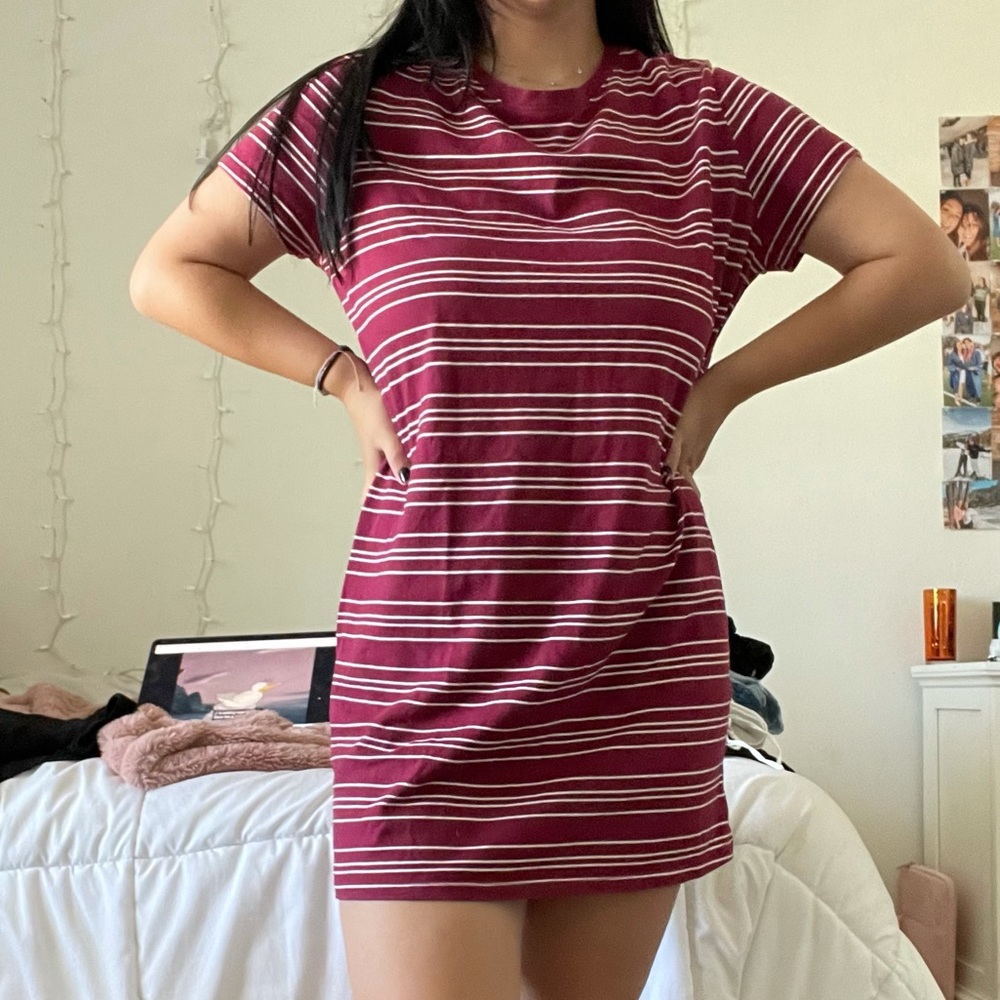 burgundy and white striped t shirt dress